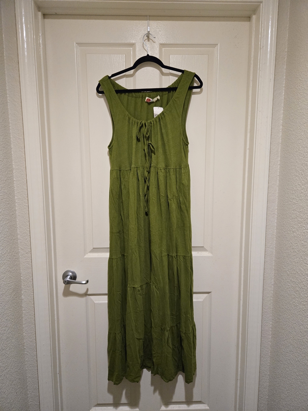 Cotton/ Linen Blend Avocado Green Maxi Dress With Front Ties.